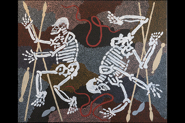 A painting by Clifford Possum Tjapaltjarri that depicts two skeletons