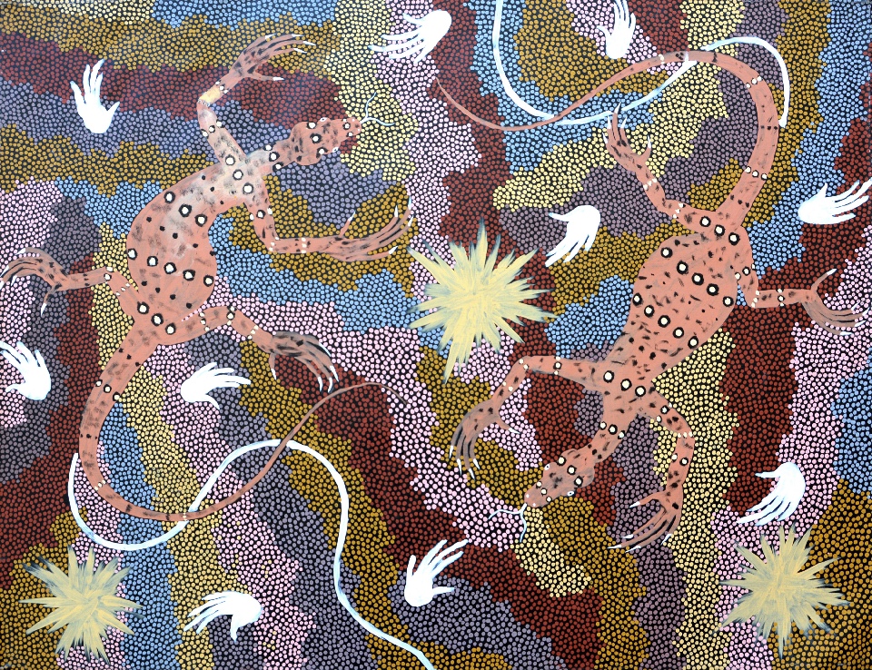 The Two Goanna Brothers Yaramayi - CPO004 by Clifford Possum Tjapaltjarri