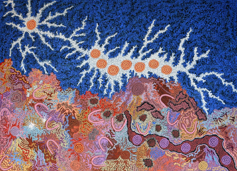 Seven Sisters Dreaming and Grandmother's Country - GPNU13575 by Gabriella Possum Nungurrayi