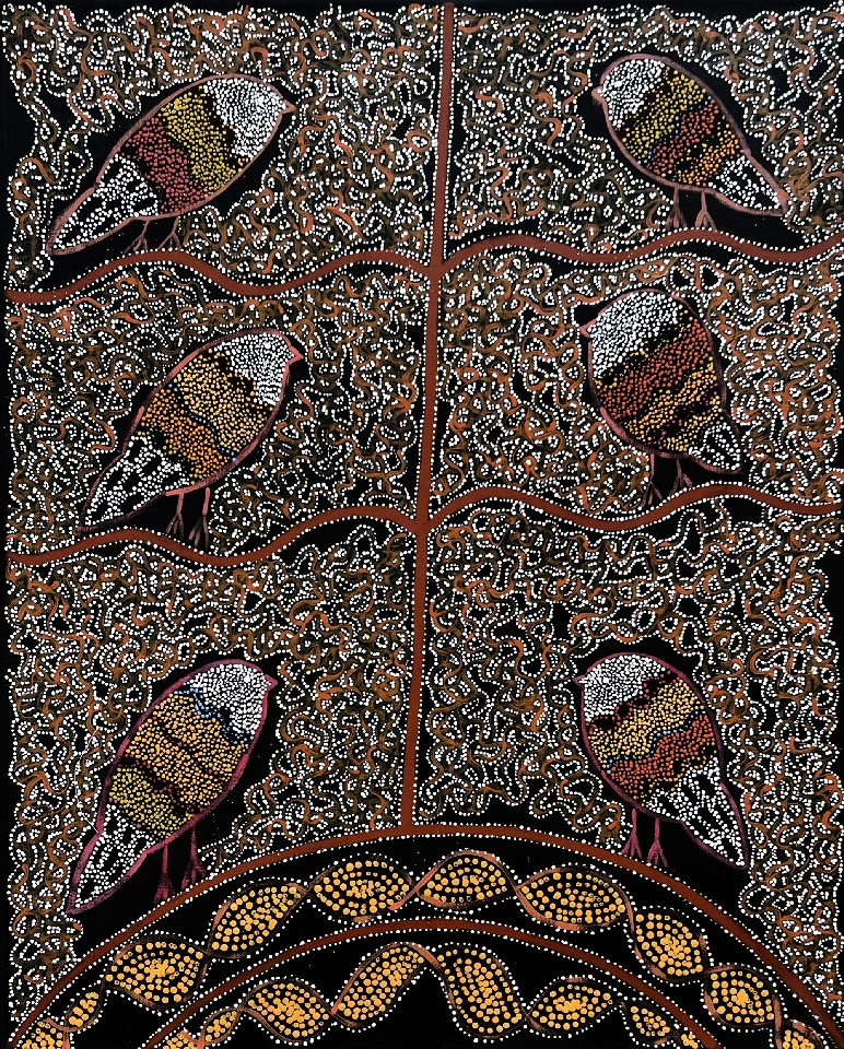 Jurlpu kuja kalu nyinami Yurntumu-wana (Birds that live around Yuendumu) - GGRWU9130/22 by Geraldine Napangardi Granites