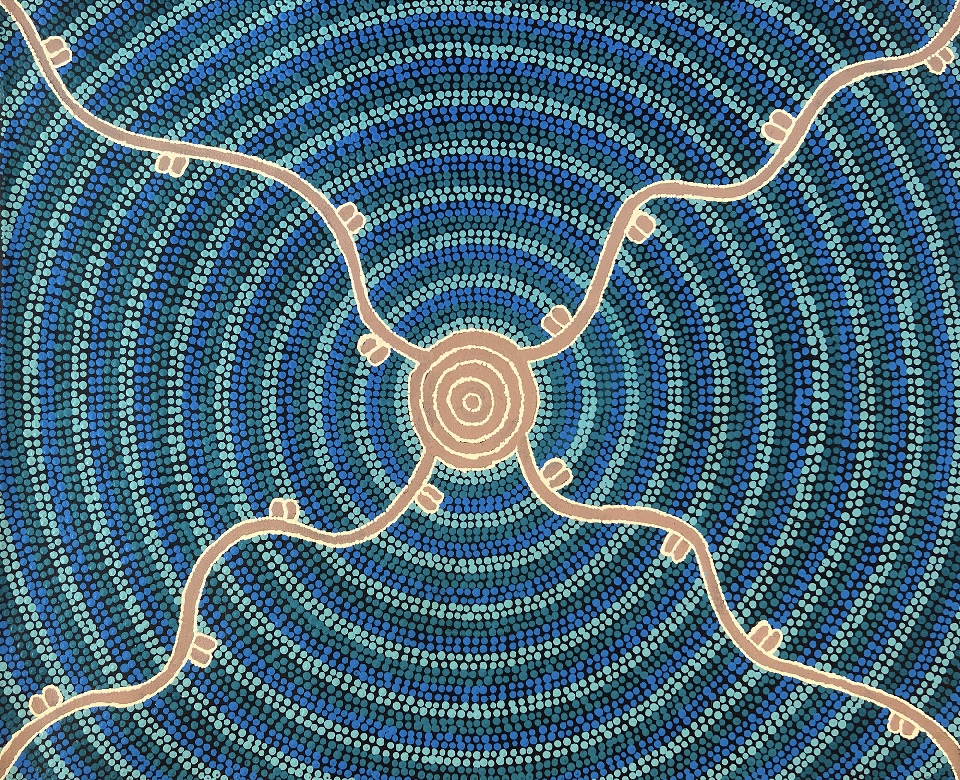 Yarla Jukurrpa (Bush Potato Dreaming) - Cockatoo Creek - JJWWU380/23 by Josiah Jupurrurla Walker