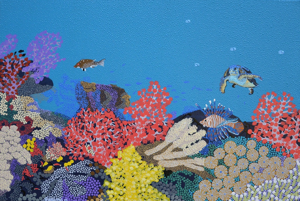 Salt Water Dreaming - Turtle and Angel Fish - LHGYA0008A by Lloyd Hornsby Gawura