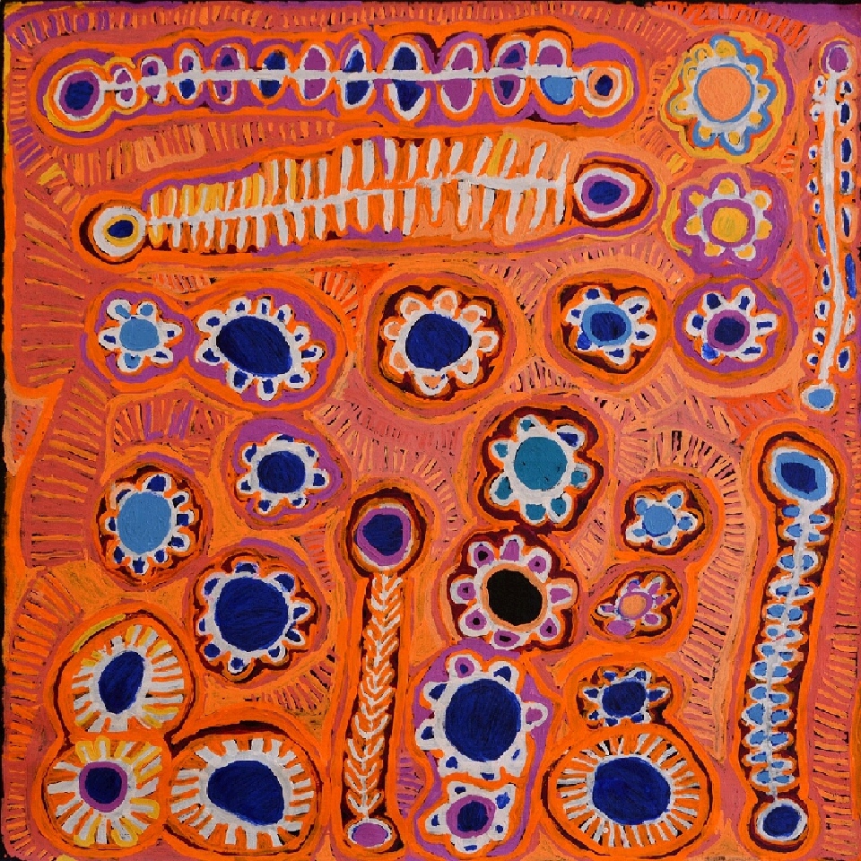 Malikijarra Jukurrpa (Two Dogs Dreaming) - MUMWU531/14ny by Murdie Nampijinpa Morris