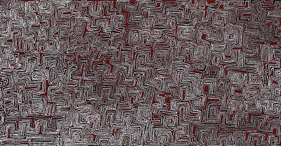 Lukarrara Jukurrpa (Desert Fringe-rush Seed Dreaming) - PGAWU658/22ny by Pauline Napangardi Gallagher