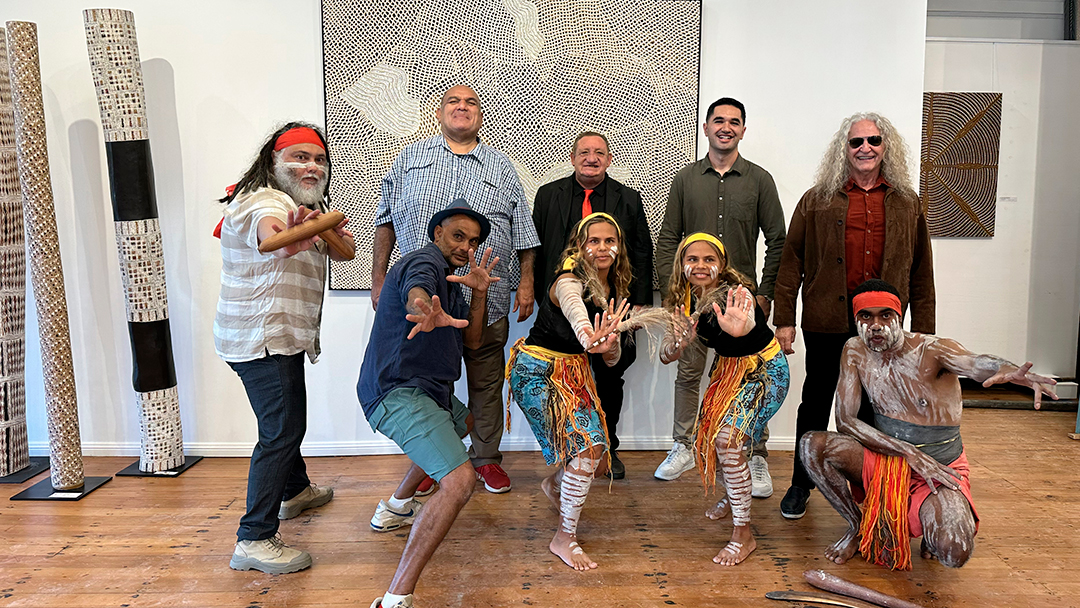A group of Aboriginal artists and dance troupe members from one of our recent exhibition openings