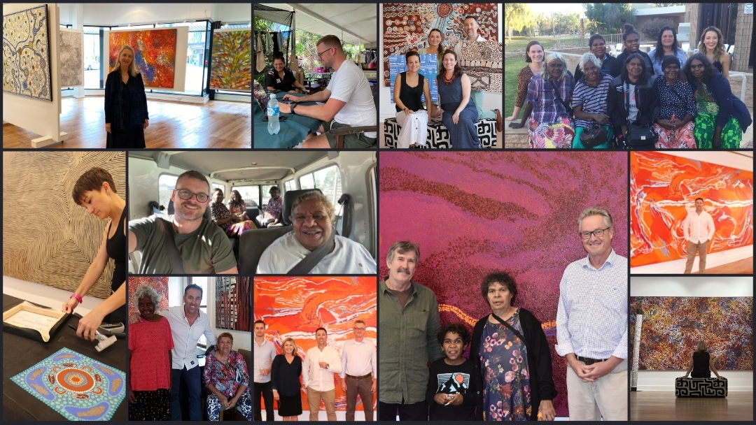 A photo collage of the KOG Team at exhibition openings and with artists