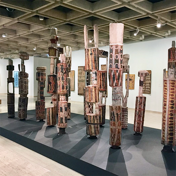 Pukumani graveposts on display at AGNSW