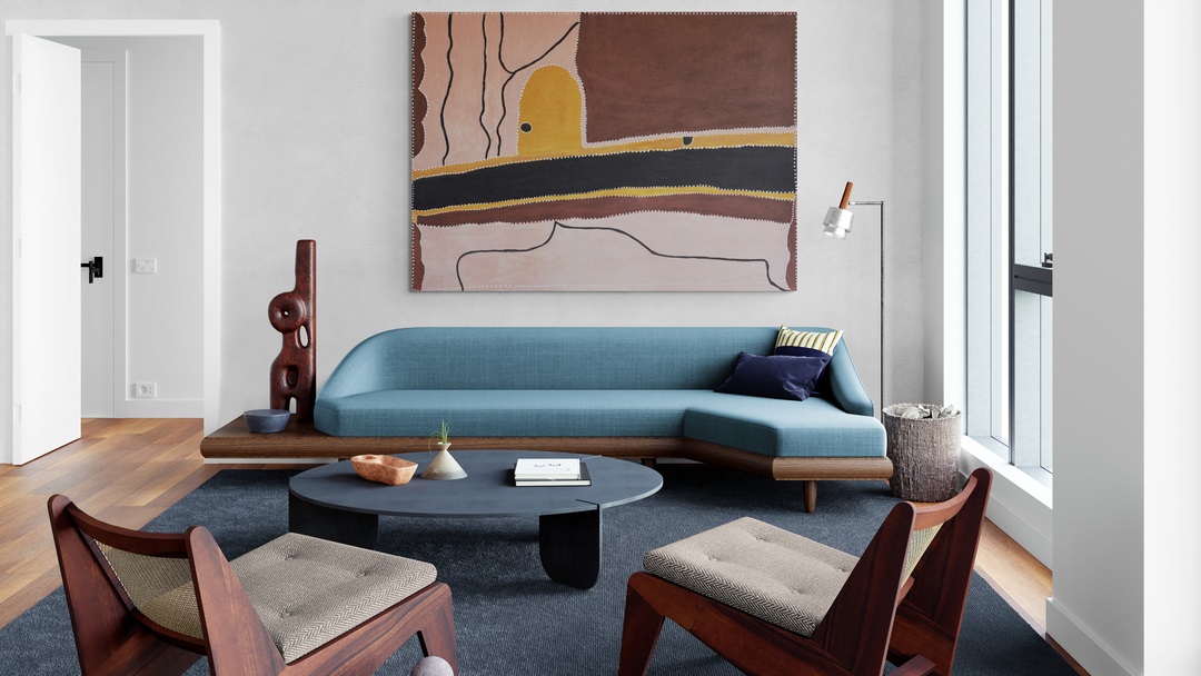 a modern living room with earthy Aboriginal modern art