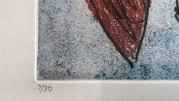 corner of a limited edition print showing the edition size and print number