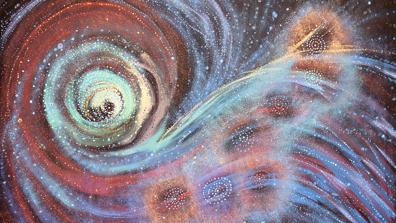 A colourful dynamtic artwork by Alma Granites, colours are swirling with seven concentric circles, resembling the milky way. This artwork references the 7 sisters Aboriginal story
