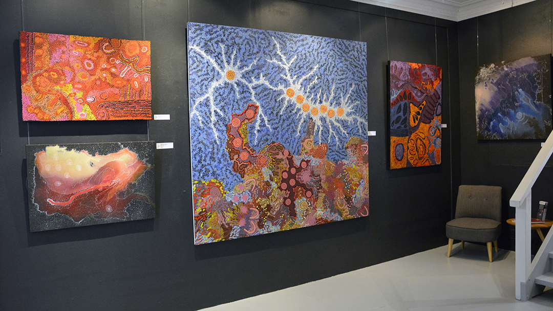 a selection of diverse 7 sisters dreaming artworks hanging on a dark gallery wall and spotlighted