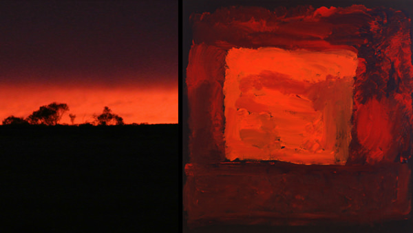 Sunrise at Utopia community and an artwork by Kudditji Kngwarreye using a similar palette