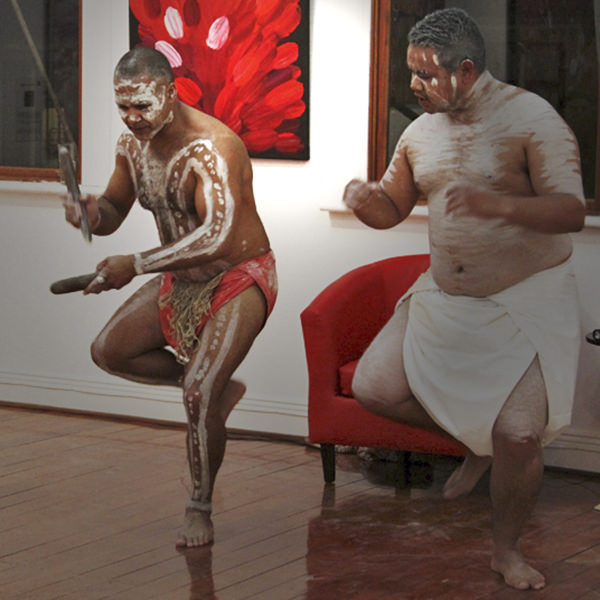 Artists performing ceremonial dances at Kate Owen Gallery