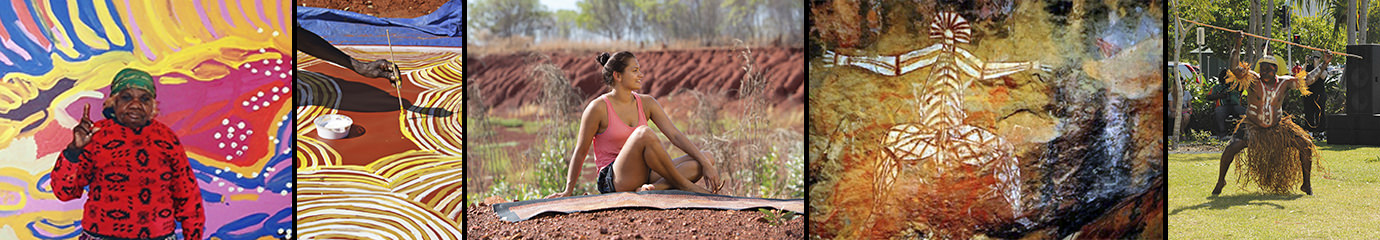 A collage of images. Left to right: Lorna Fencer in front of her painting, Gala Pwerle painting an artwork in Utopia, Sarrita King sitting in the desert with one of her paintings, rock art of the lightning man, artist Patrick Butcher Jnr dressed up and performing a ceremonial dance.