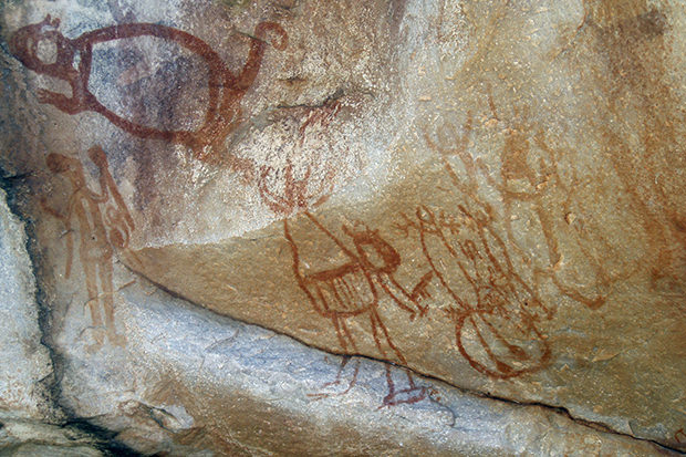 An example of figurative Aboriginal rock art where animals and humans are interacting with each other